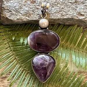 Natural Amethyst & Pearl Silver Gemstone 2.8” Pendant